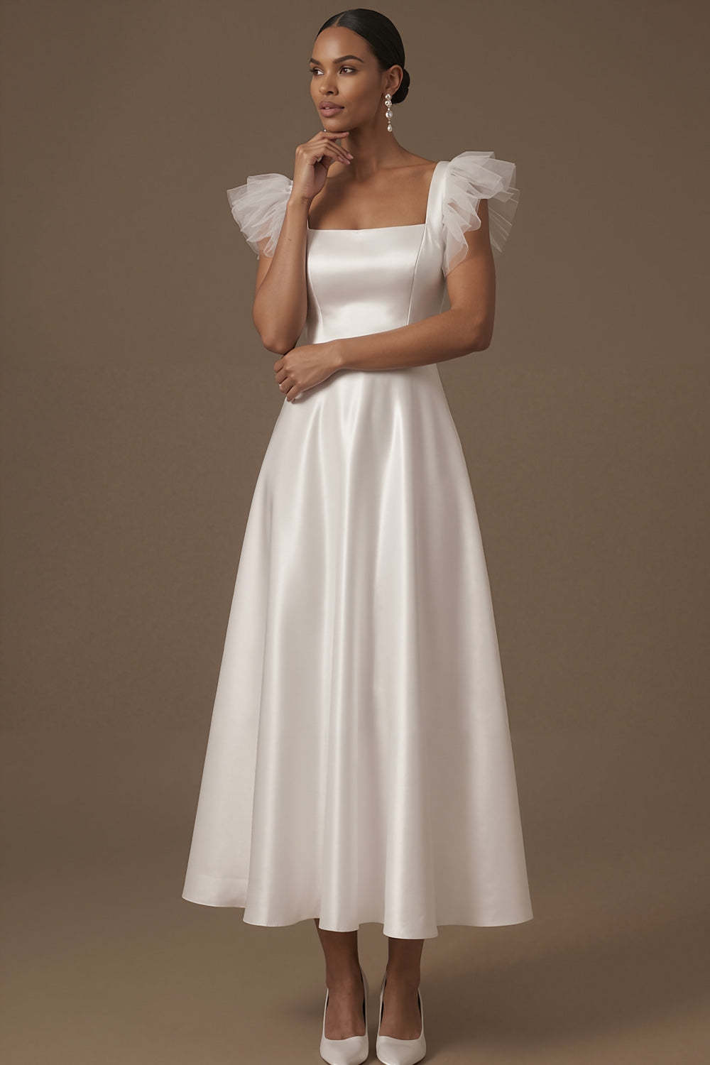 Dusty Blue A Line Satin Square Neck Ruffled Long Formal Dress