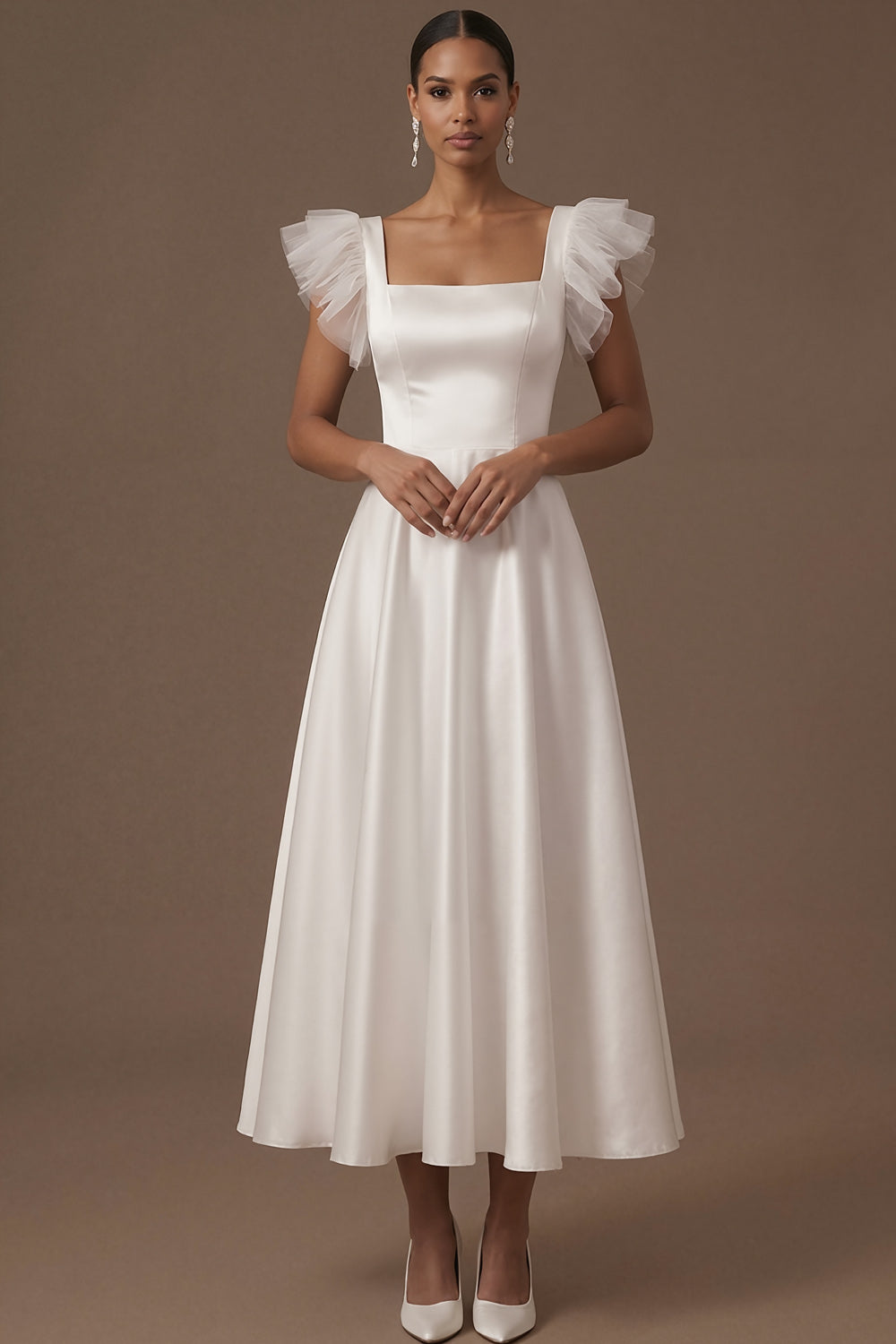 Dusty Blue A Line Satin Square Neck Ruffled Long Formal Dress