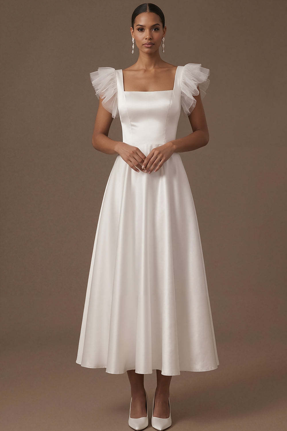 Dusty Blue A Line Satin Square Neck Ruffled Long Formal Dress