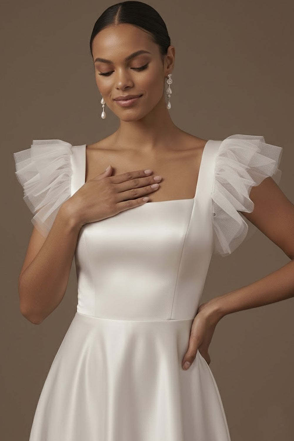 Dusty Blue A Line Satin Square Neck Ruffled Long Formal Dress