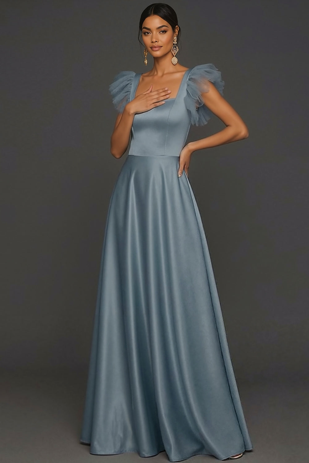 Dusty Blue A Line Ruffled Square Neck Long Formal Dress
