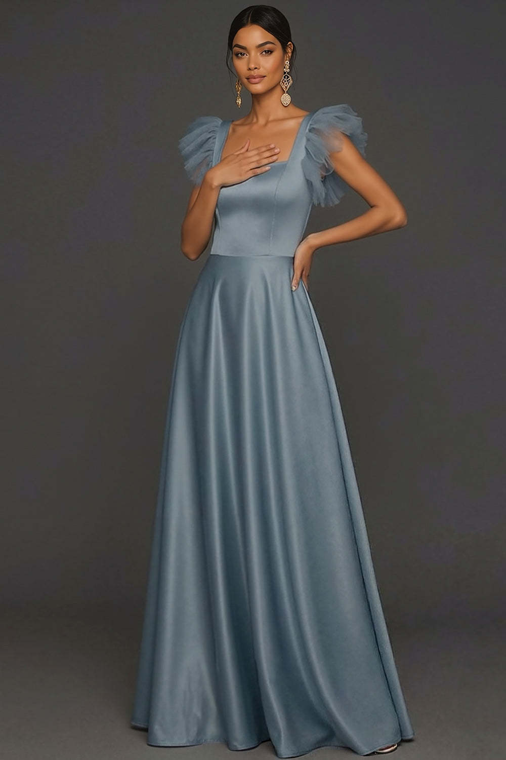 Leely Women Dusty Blue A Line Ruffled Square Neck Long Formal Dress Satin Backless Sleeveless Evening Dress
