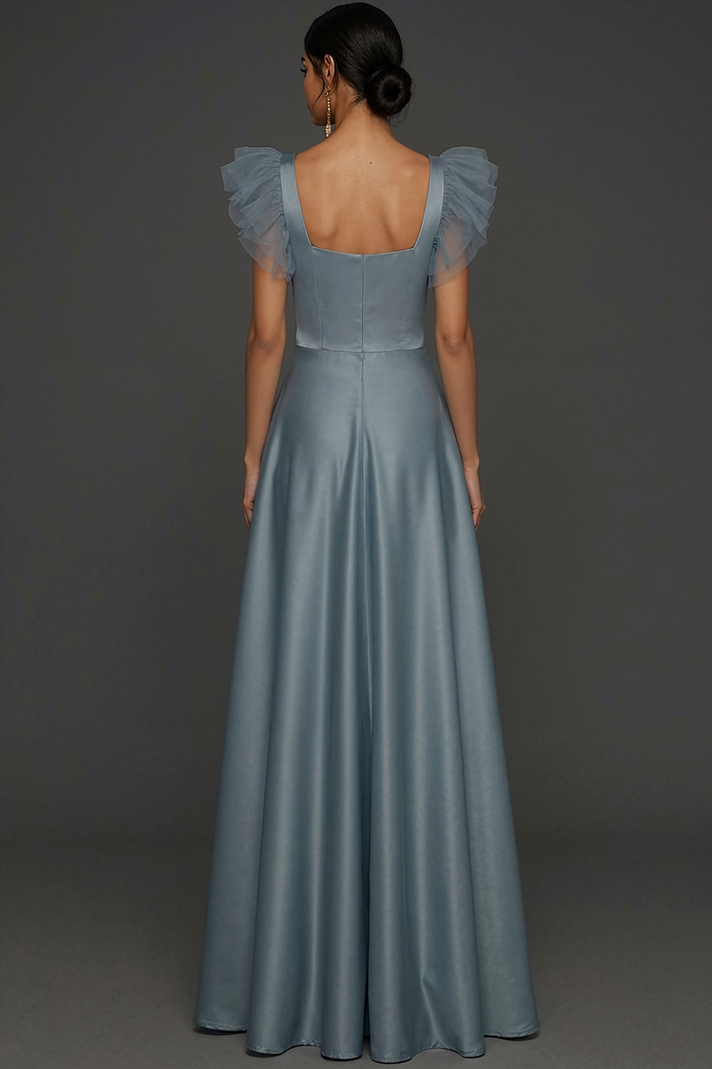 Dusty Blue A Line Ruffled Square Neck Long Formal Dress