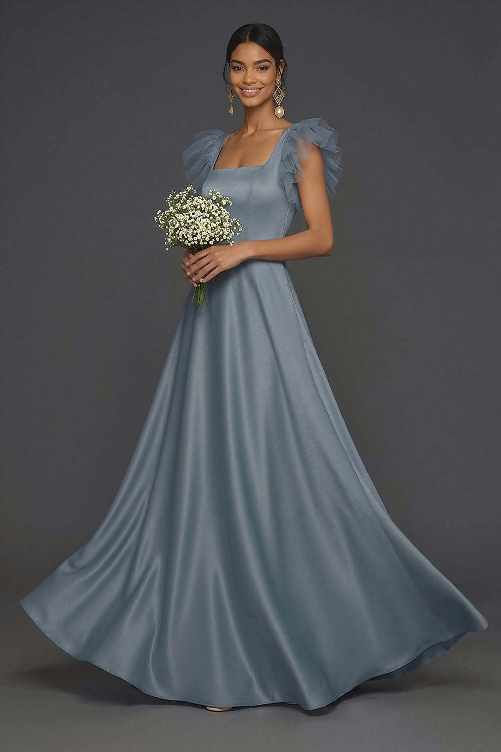 Dusty Blue A Line Ruffled Square Neck Long Formal Dress