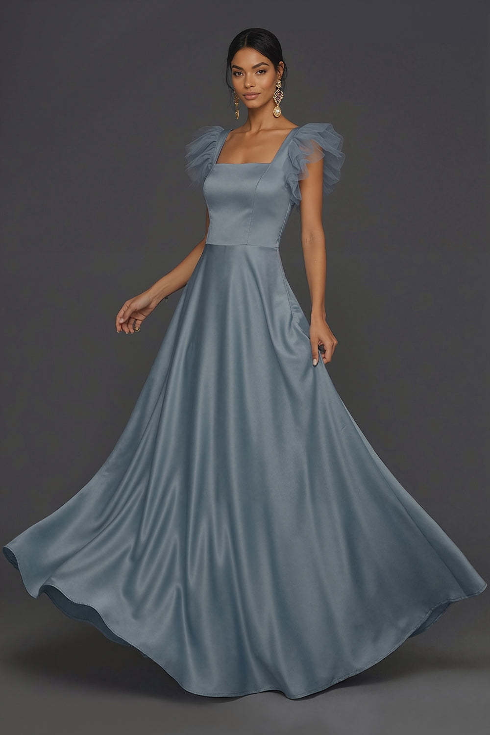 Dusty Blue A Line Ruffled Square Neck Long Formal Dress