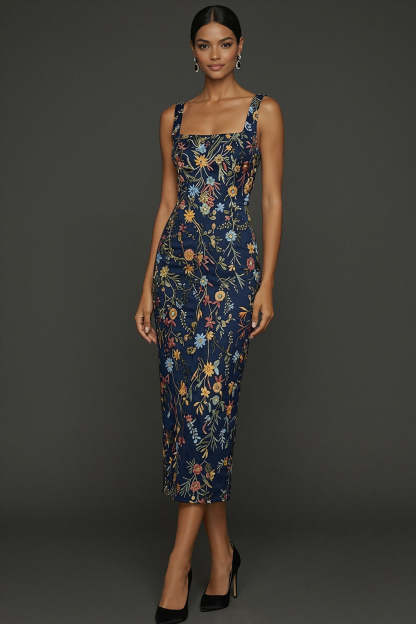 Leely Women Navy Embroidered Floral Sheath Long Formal Dress Thick Strap Backless Sleeveless Wedding Guest Dress