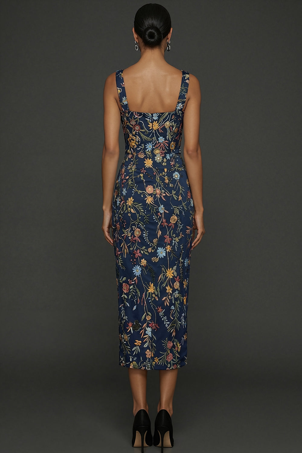 Navy Embroidered Floral Sheath Thick Strap Long Formal Dress
