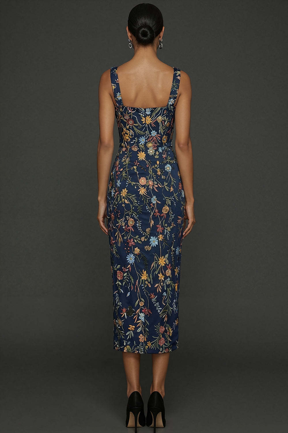 Navy Embroidered Floral Sheath Thick Strap Long Formal Dress