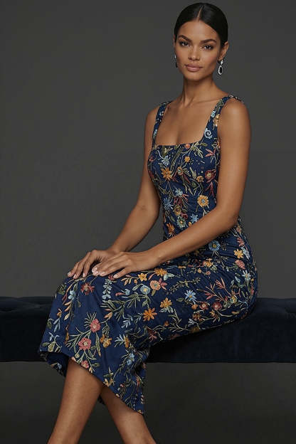 Navy Embroidered Floral Sheath Thick Strap Long Formal Dress