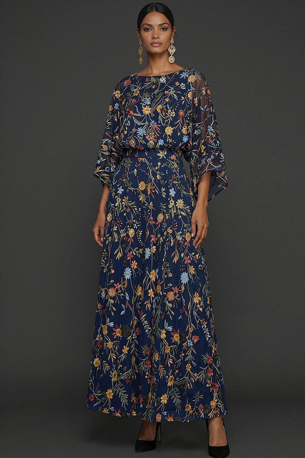 Leely Women Navy Floral A Line Long Formal Dress with Sleeves Round Neck Embroidered Wedding Guest Dress