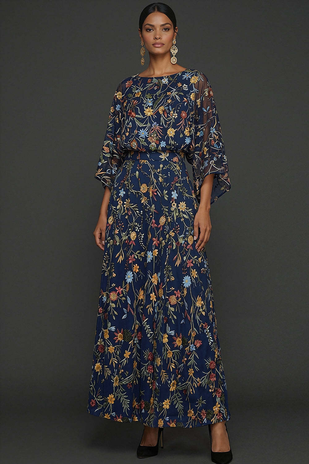 Leely Women Navy Floral A Line Long Formal Dress with Sleeves Round Neck Embroidered Wedding Guest Dress