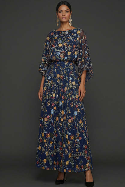 Leely Women Navy Floral A Line Long Formal Dress with Sleeves Round Neck Embroidered Wedding Guest Dress