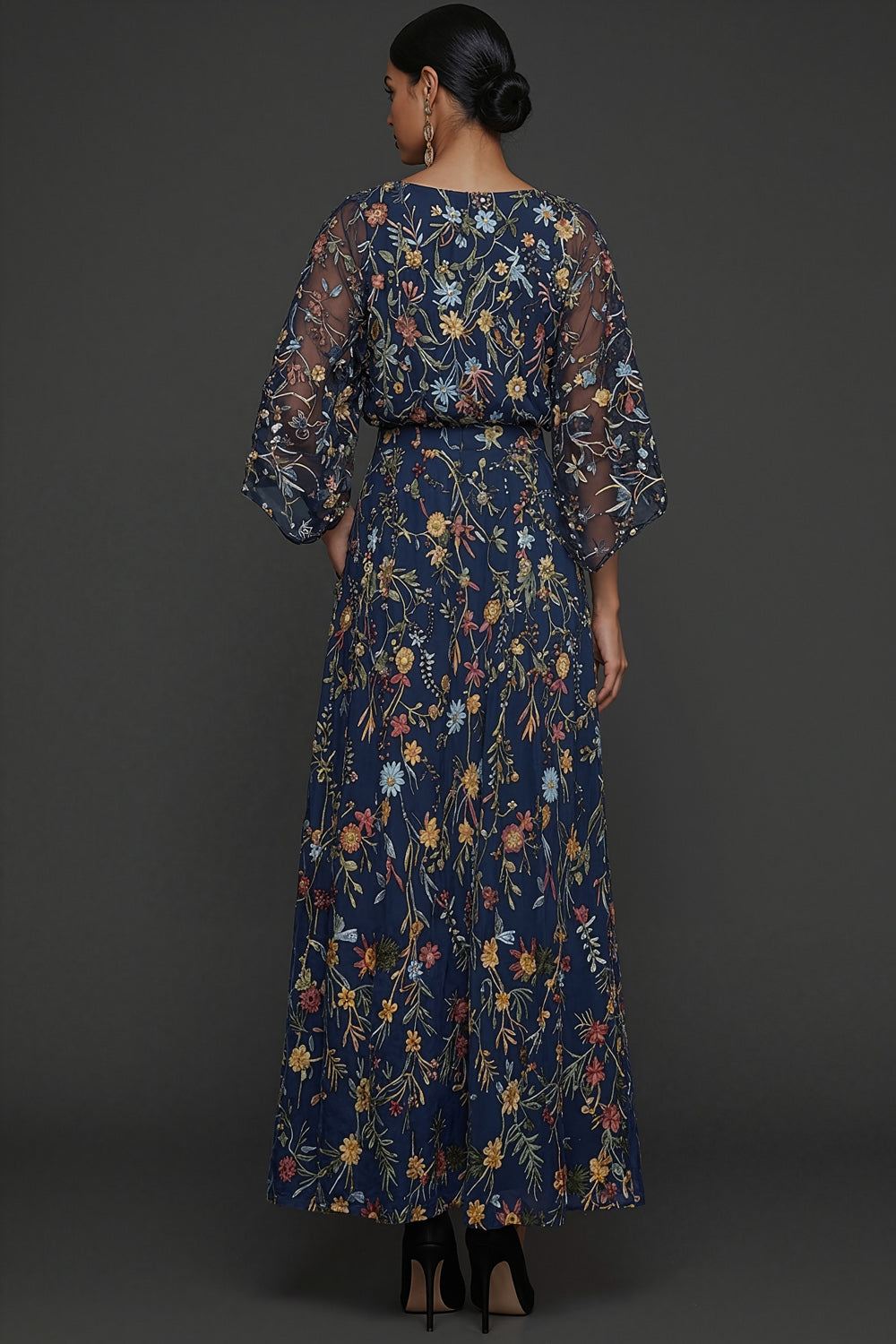 Navy Embroidered Floral A Line Long Formal Dress with Sleeves