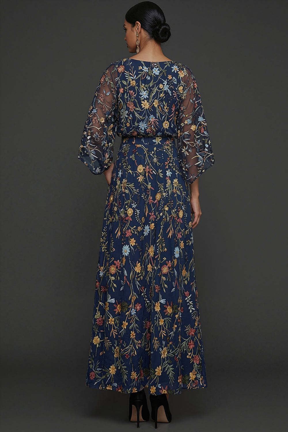 Navy Embroidered Floral A Line Long Formal Dress with Sleeves