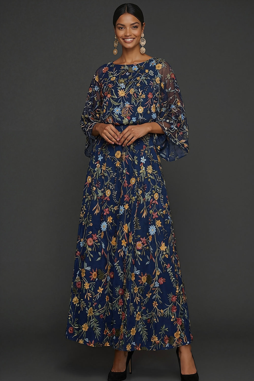 Navy Embroidered Floral A Line Long Formal Dress with Sleeves