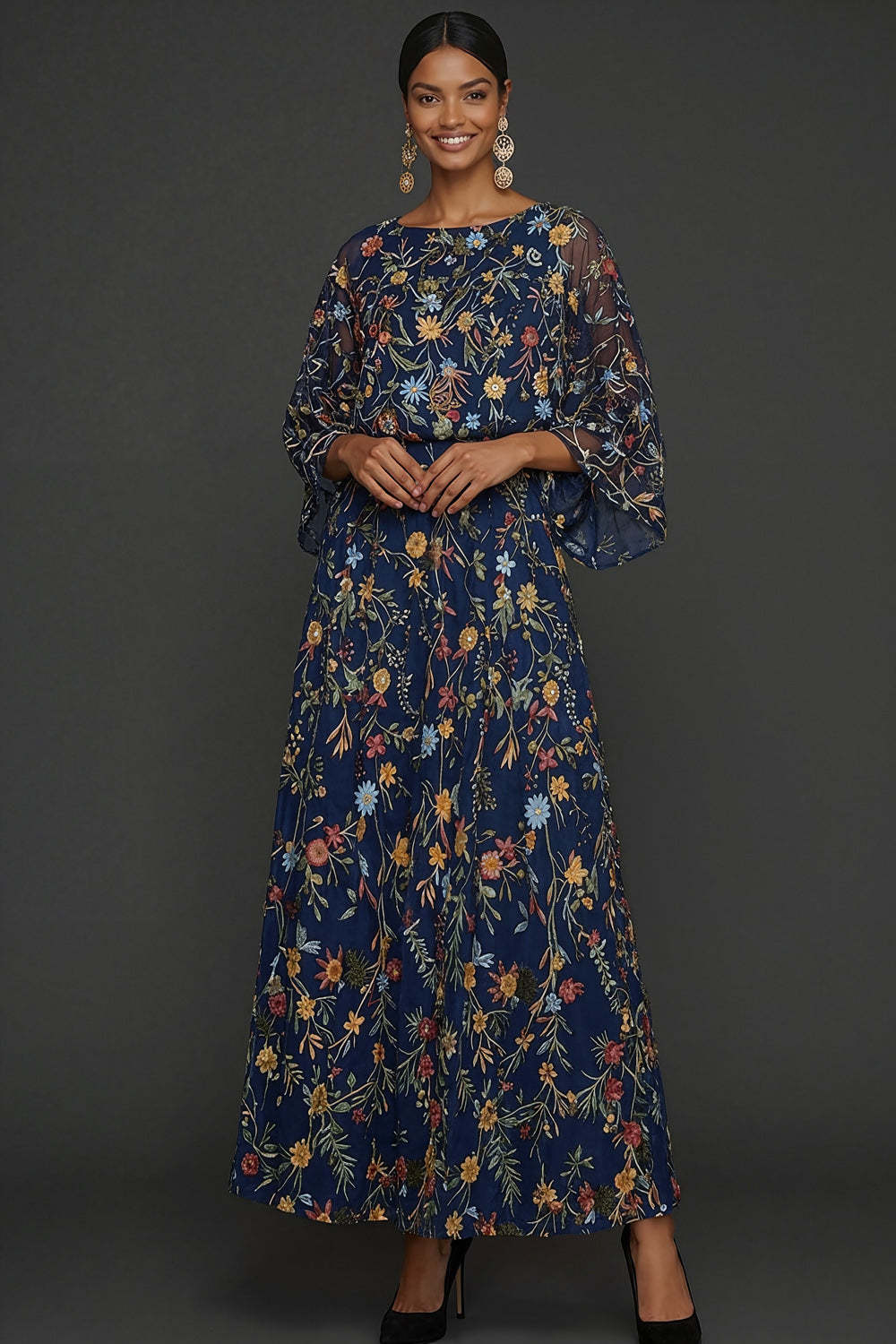 Navy Embroidered Floral A Line Long Formal Dress with Sleeves