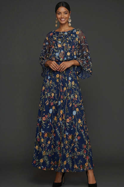 Navy Embroidered Floral A Line Long Formal Dress with Sleeves