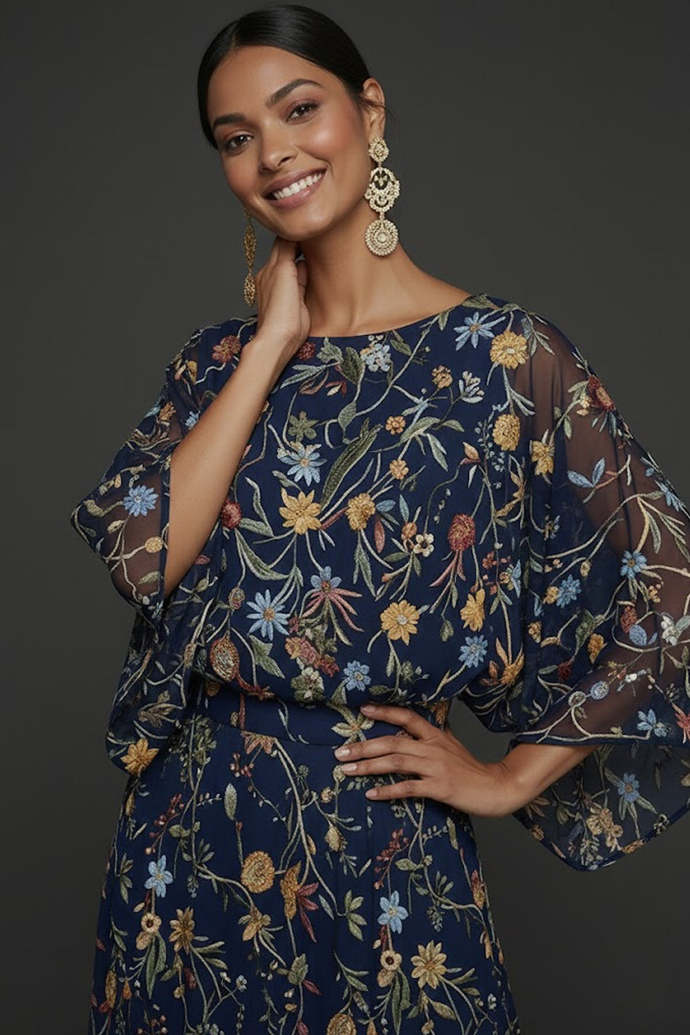 Navy Embroidered Floral A Line Long Formal Dress with Sleeves