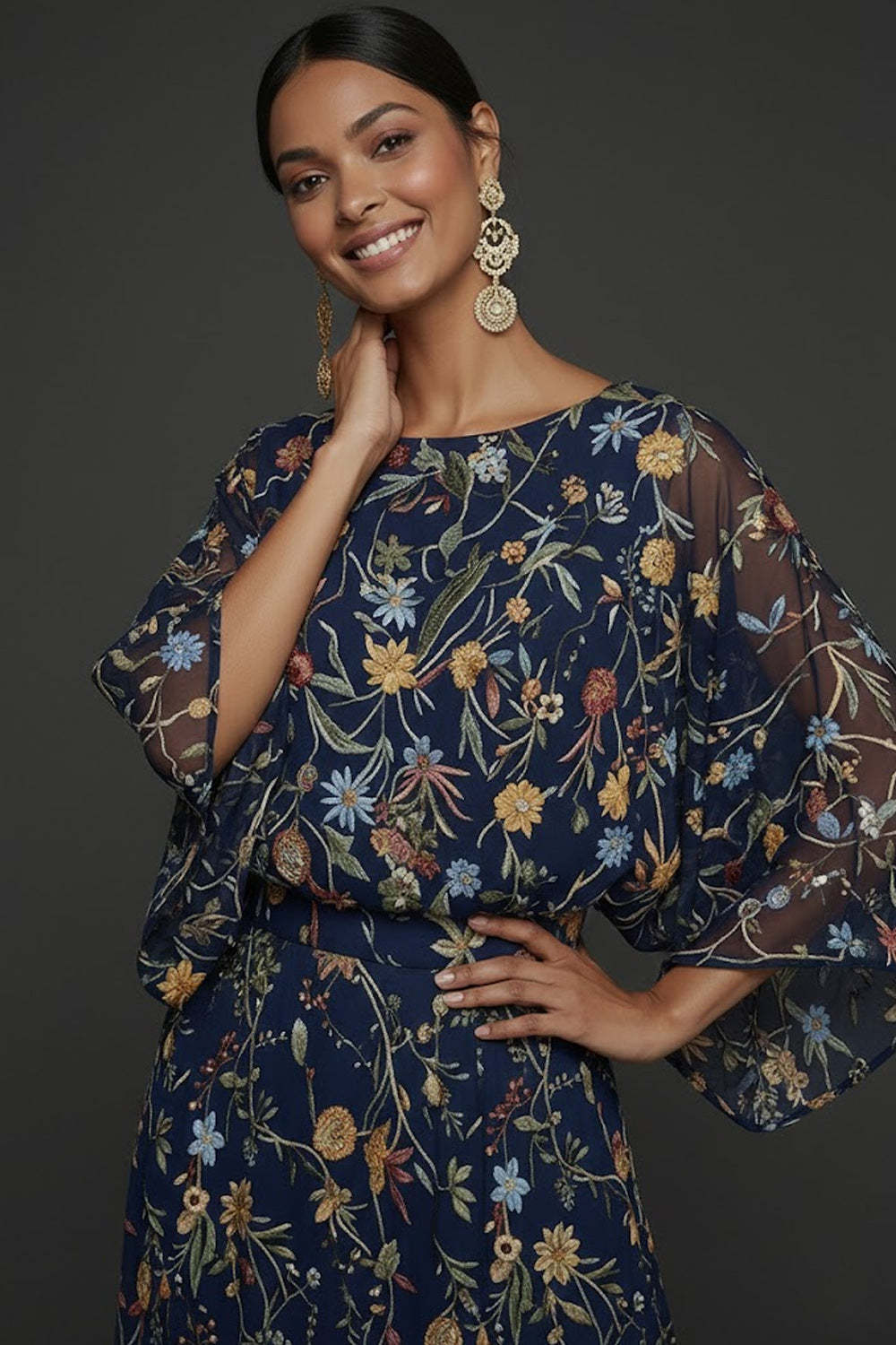 Navy Embroidered Floral A Line Long Formal Dress with Sleeves