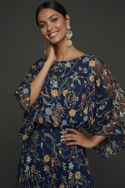 Navy Embroidered Floral A Line Long Formal Dress with Sleeves