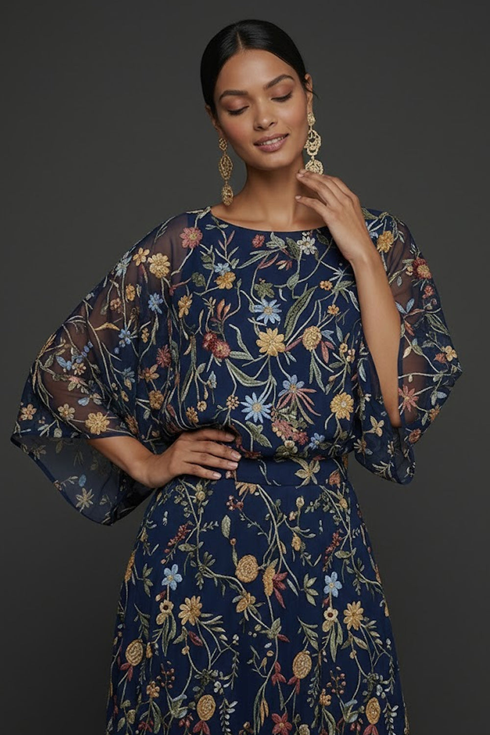 Navy Embroidered Floral A Line Long Formal Dress with Sleeves