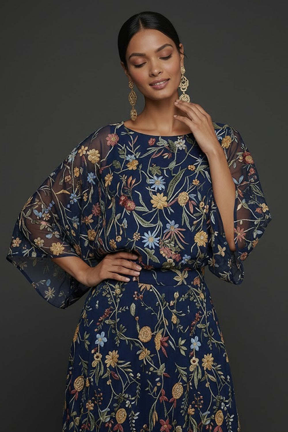 Navy Embroidered Floral A Line Long Formal Dress with Sleeves