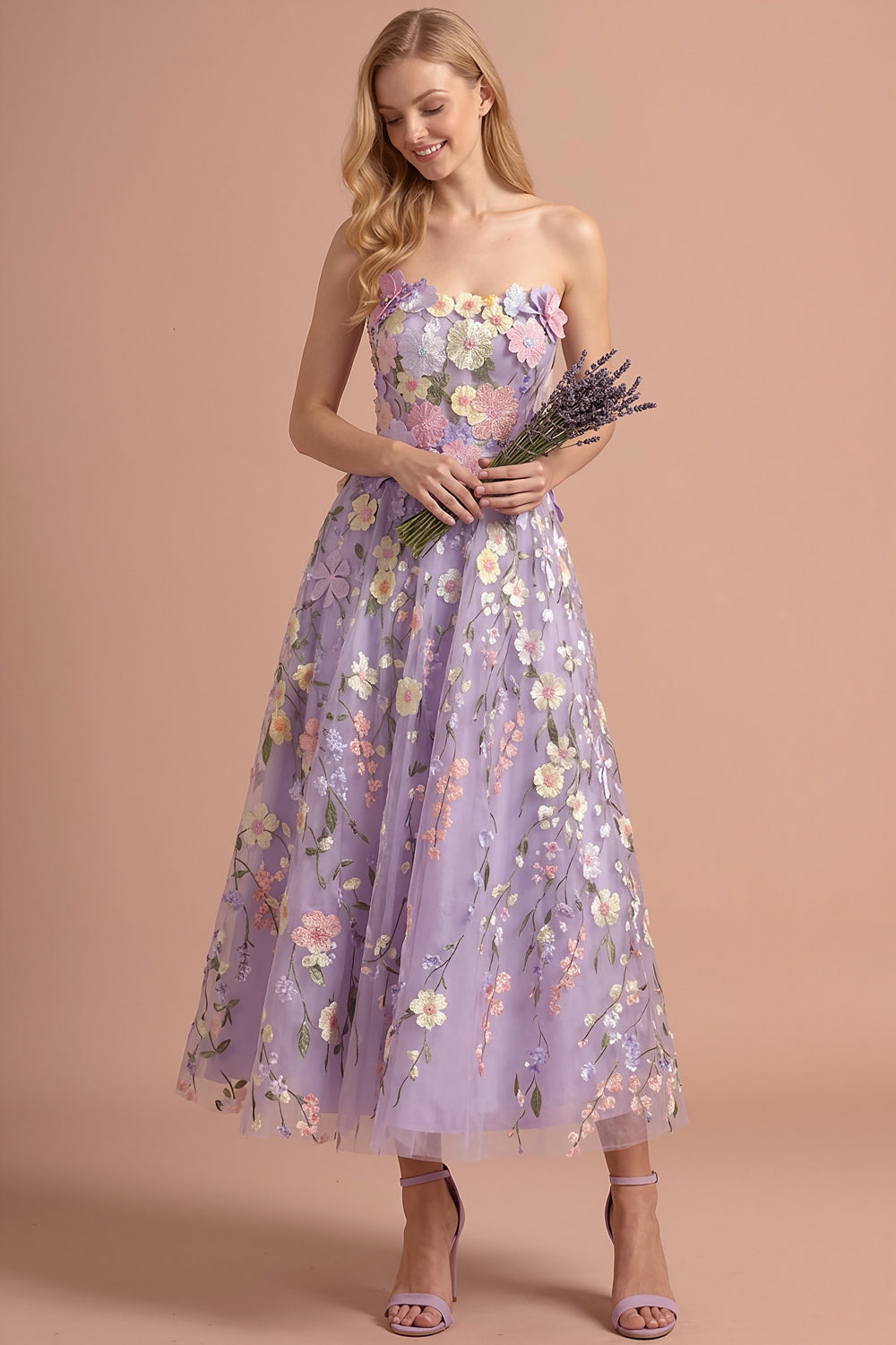 Leely Women Lilac Floral A Line Backless Long Formal Dress Strapless Appliqued Sleeveless Wedding Guest Dress