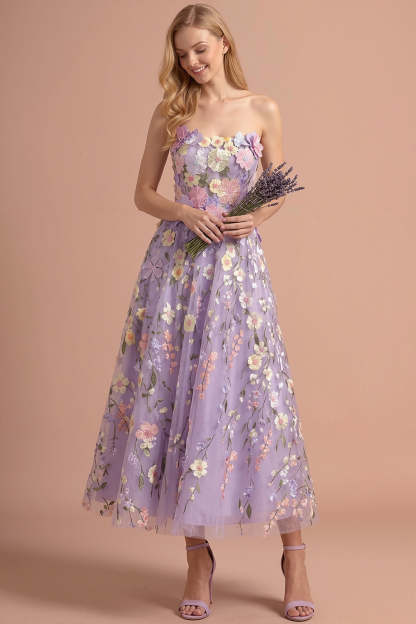 Leely Women Lilac Floral A Line Backless Long Formal Dress Strapless Appliqued Sleeveless Wedding Guest Dress