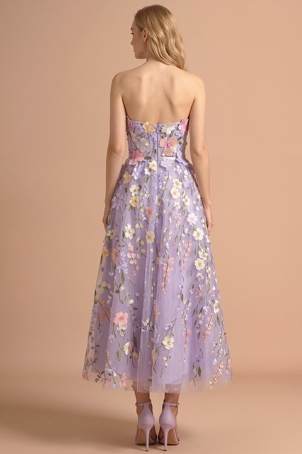 Lilac Floral A Line Strapless Backless Appliqued Long Formal Dress