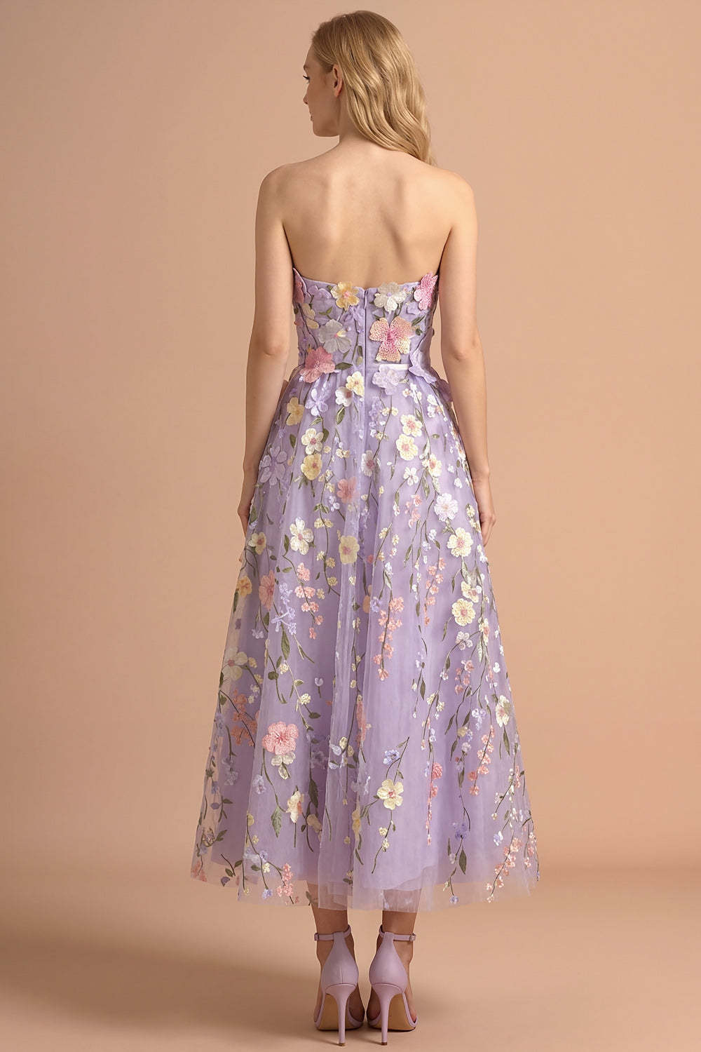 Lilac Floral A Line Strapless Backless Appliqued Long Formal Dress