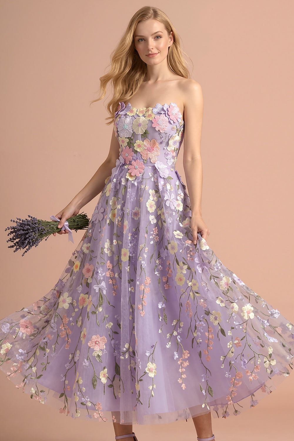 Lilac Floral A Line Strapless Backless Appliqued Long Formal Dress