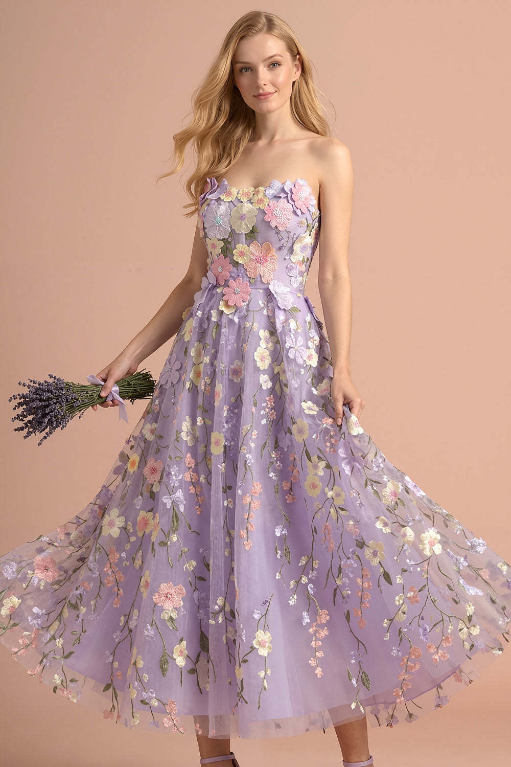 Lilac Floral A Line Strapless Backless Appliqued Long Formal Dress