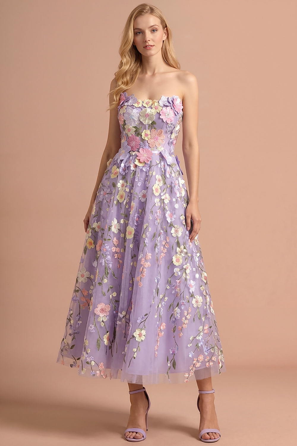 Lilac Floral A Line Strapless Backless Appliqued Long Formal Dress