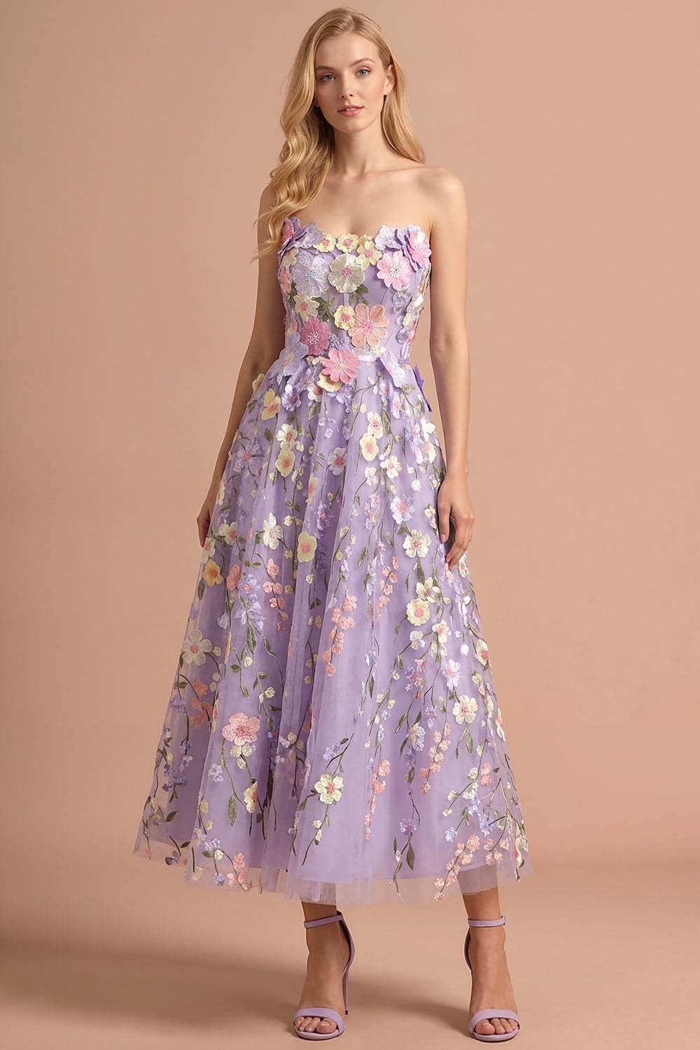 Lilac Floral A Line Strapless Backless Appliqued Long Formal Dress