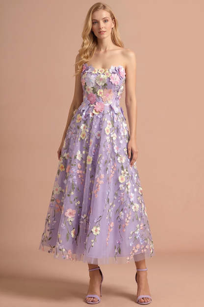 Lilac Floral A Line Strapless Backless Appliqued Long Formal Dress
