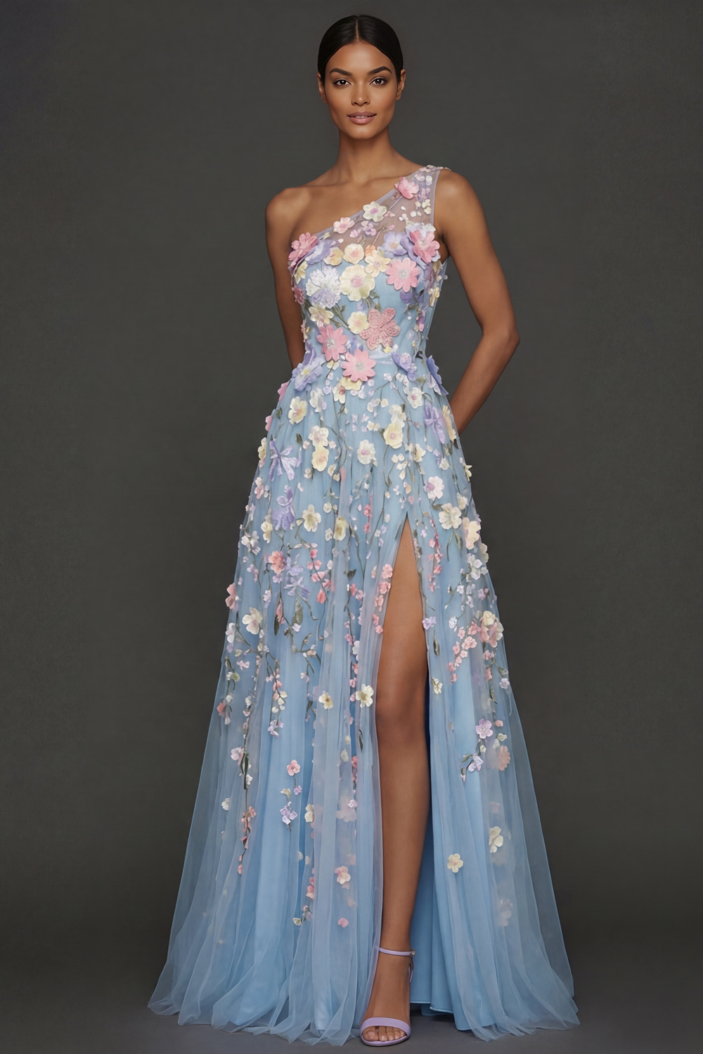 Lilac Floral A Line One Shoulder Appliqued Long Formal Dress with Slit