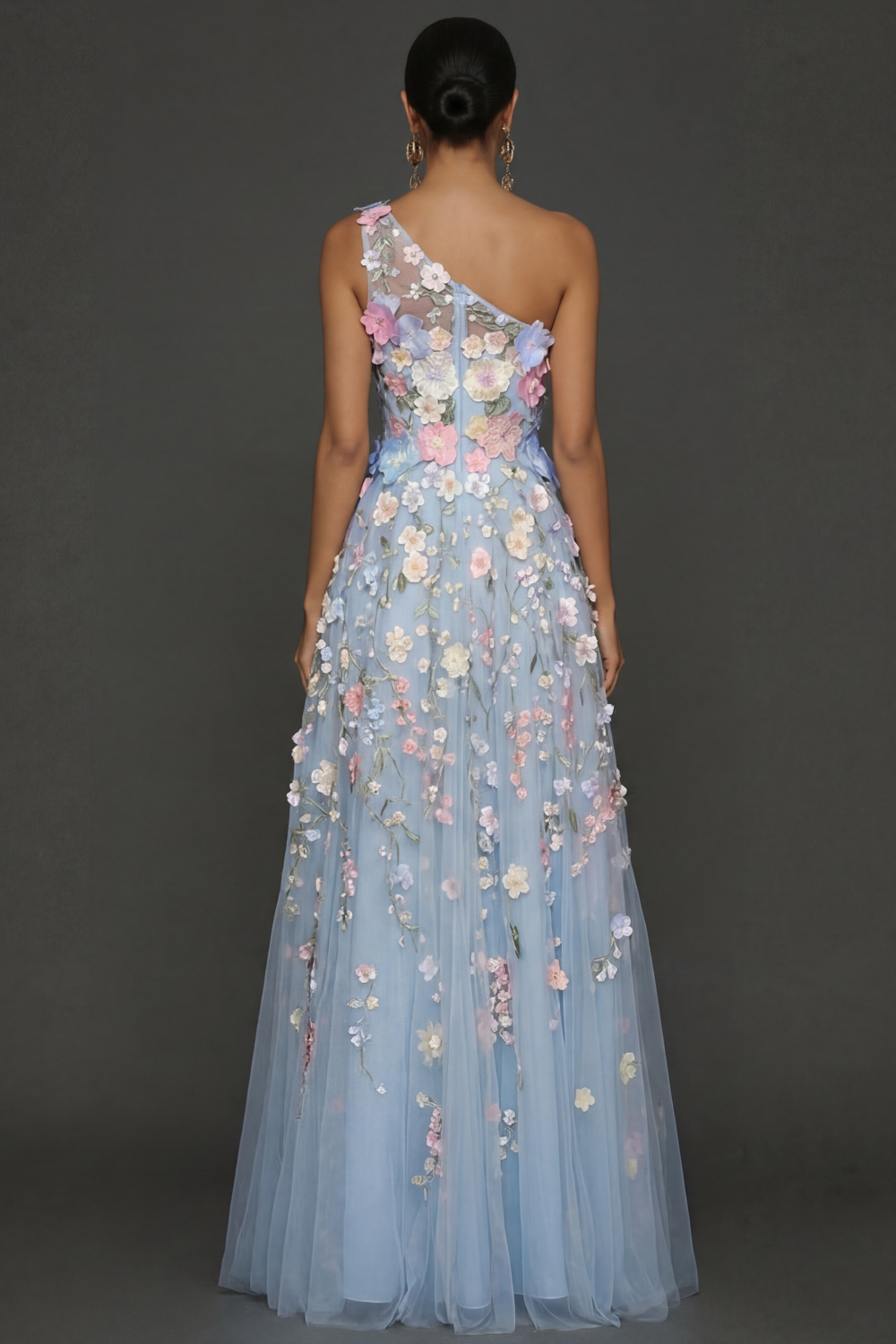 Lilac Floral A Line One Shoulder Appliqued Long Formal Dress with Slit