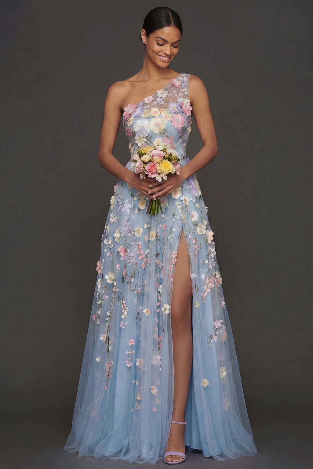 Lilac Floral A Line One Shoulder Appliqued Long Formal Dress with Slit