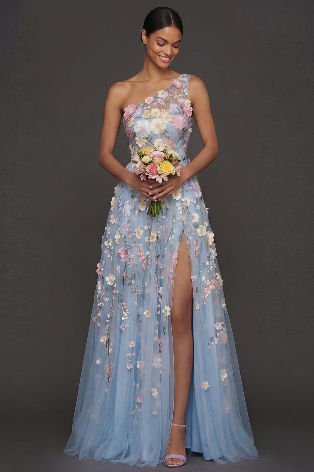 Lilac Floral A Line One Shoulder Appliqued Long Formal Dress with Slit