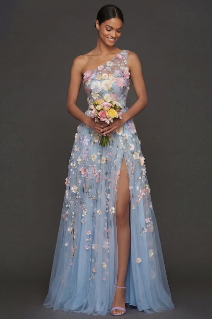 Lilac Floral A Line One Shoulder Appliqued Long Formal Dress with Slit