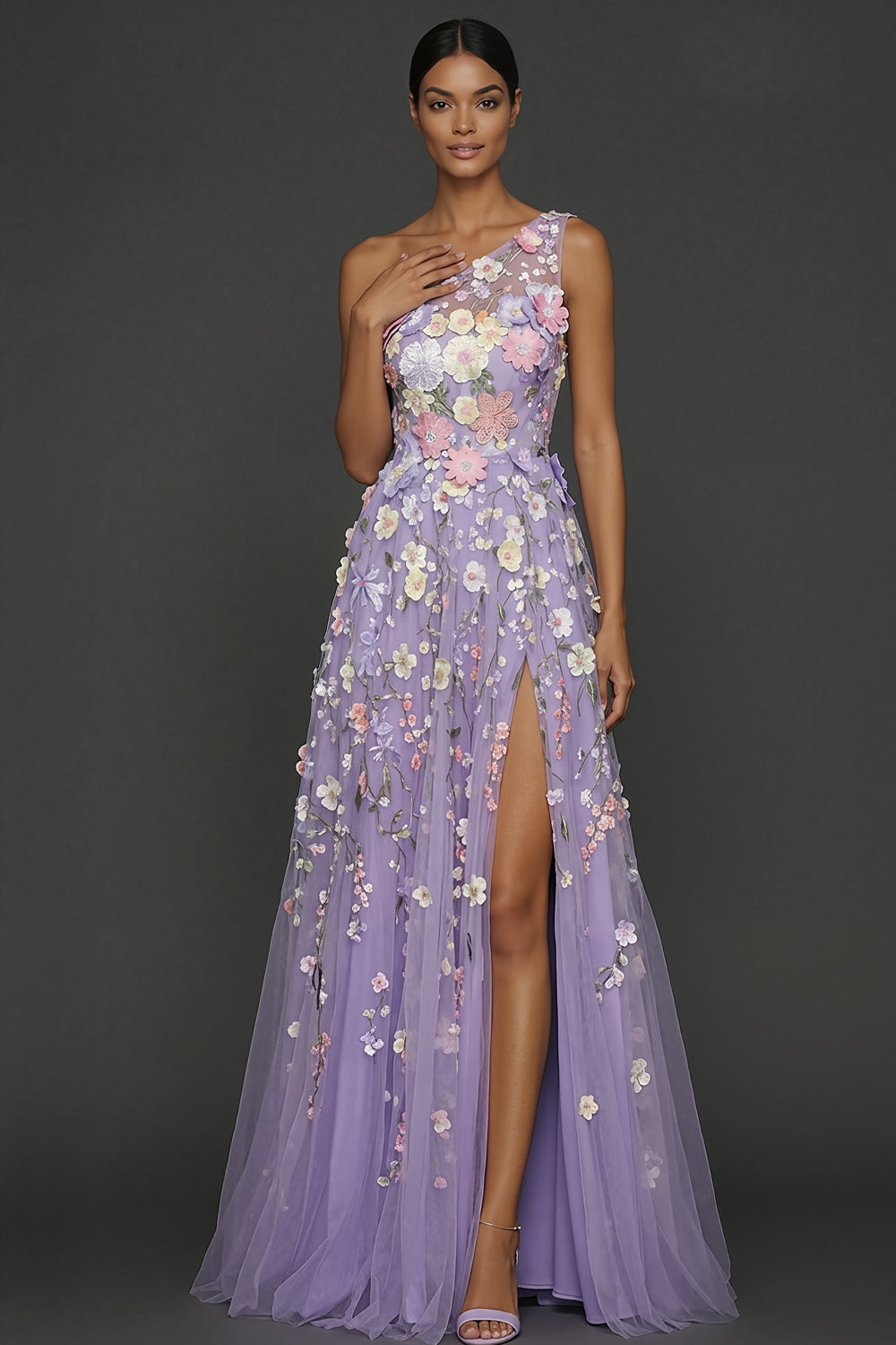 Leely Women Lilac Floral A Line One Shoulder Long Formal Dress with Slit Appliqued Backless Sleeveless Evening Dress