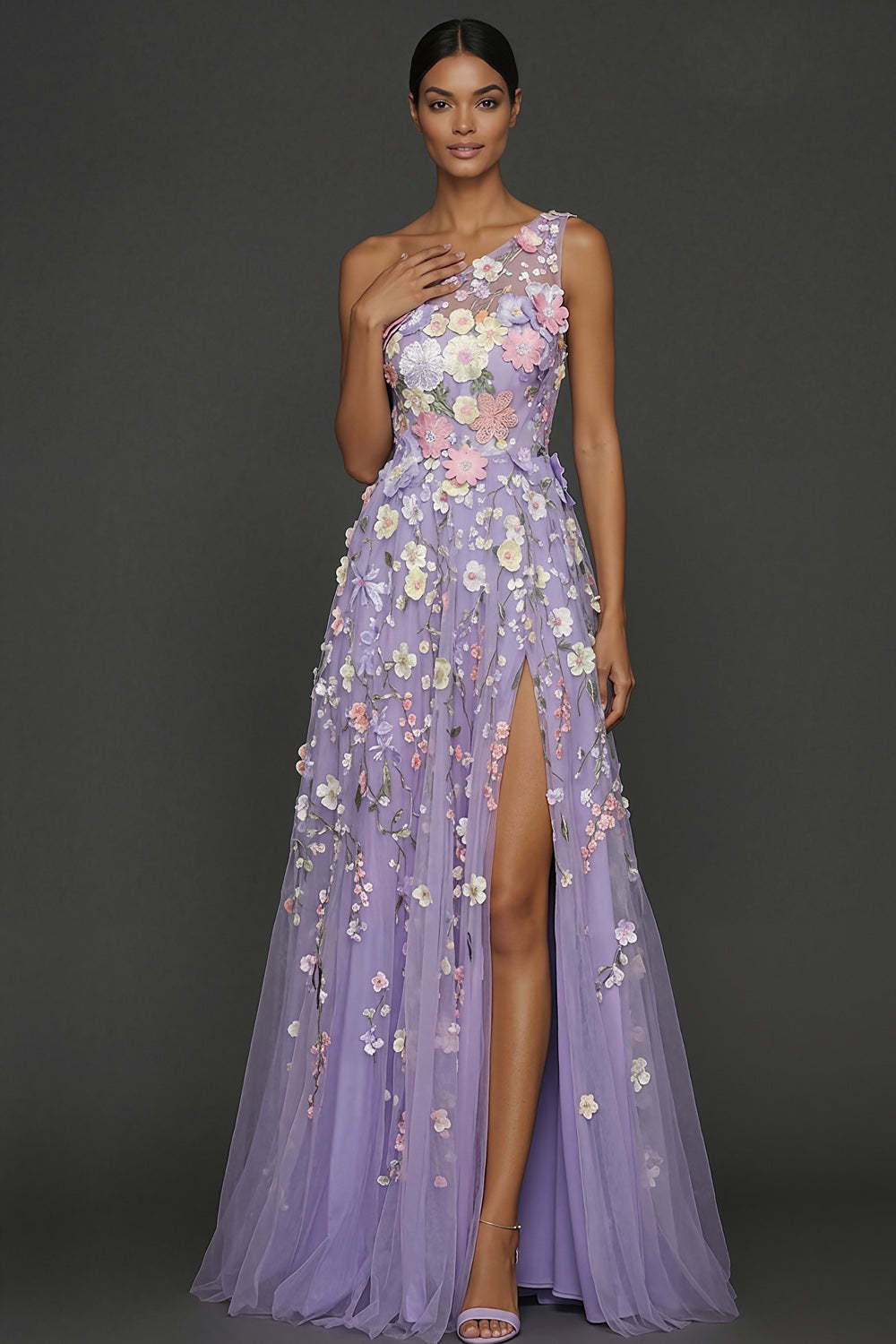 Leely Women Lilac Floral A Line One Shoulder Long Formal Dress with Slit Appliqued Backless Sleeveless Evening Dress