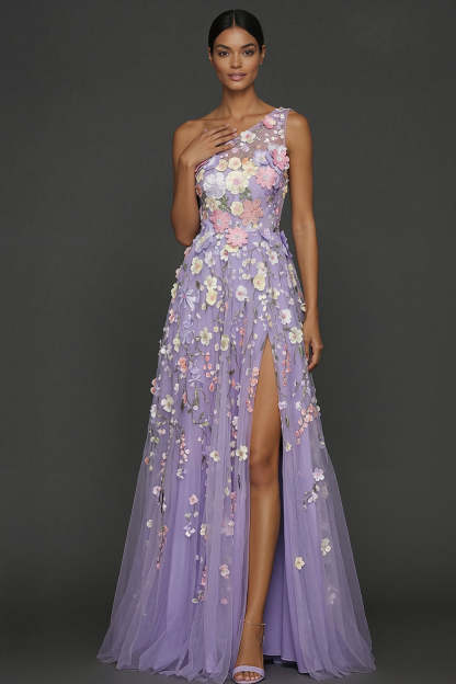 Leely Women Lilac Floral A Line One Shoulder Long Formal Dress with Slit Appliqued Backless Sleeveless Evening Dress