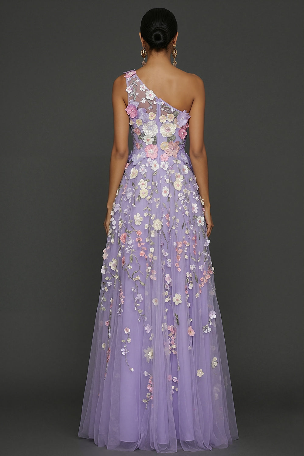 Lilac Floral A Line One Shoulder Appliqued Long Formal Dress with Slit