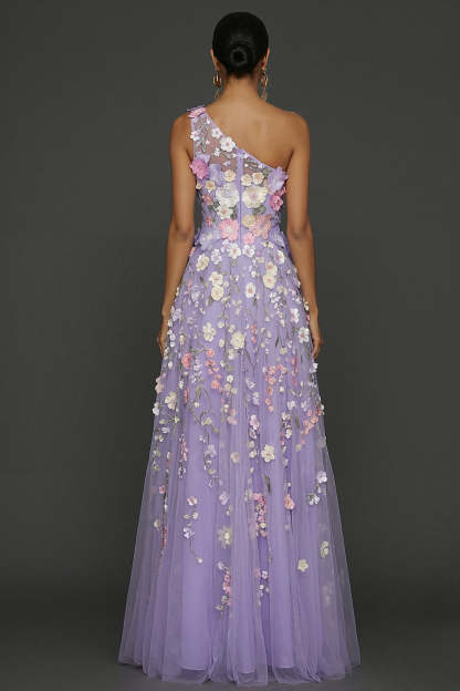 Lilac Floral A Line One Shoulder Appliqued Long Formal Dress with Slit
