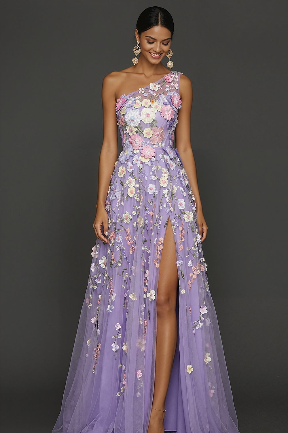 Lilac Floral A Line One Shoulder Appliqued Long Formal Dress with Slit