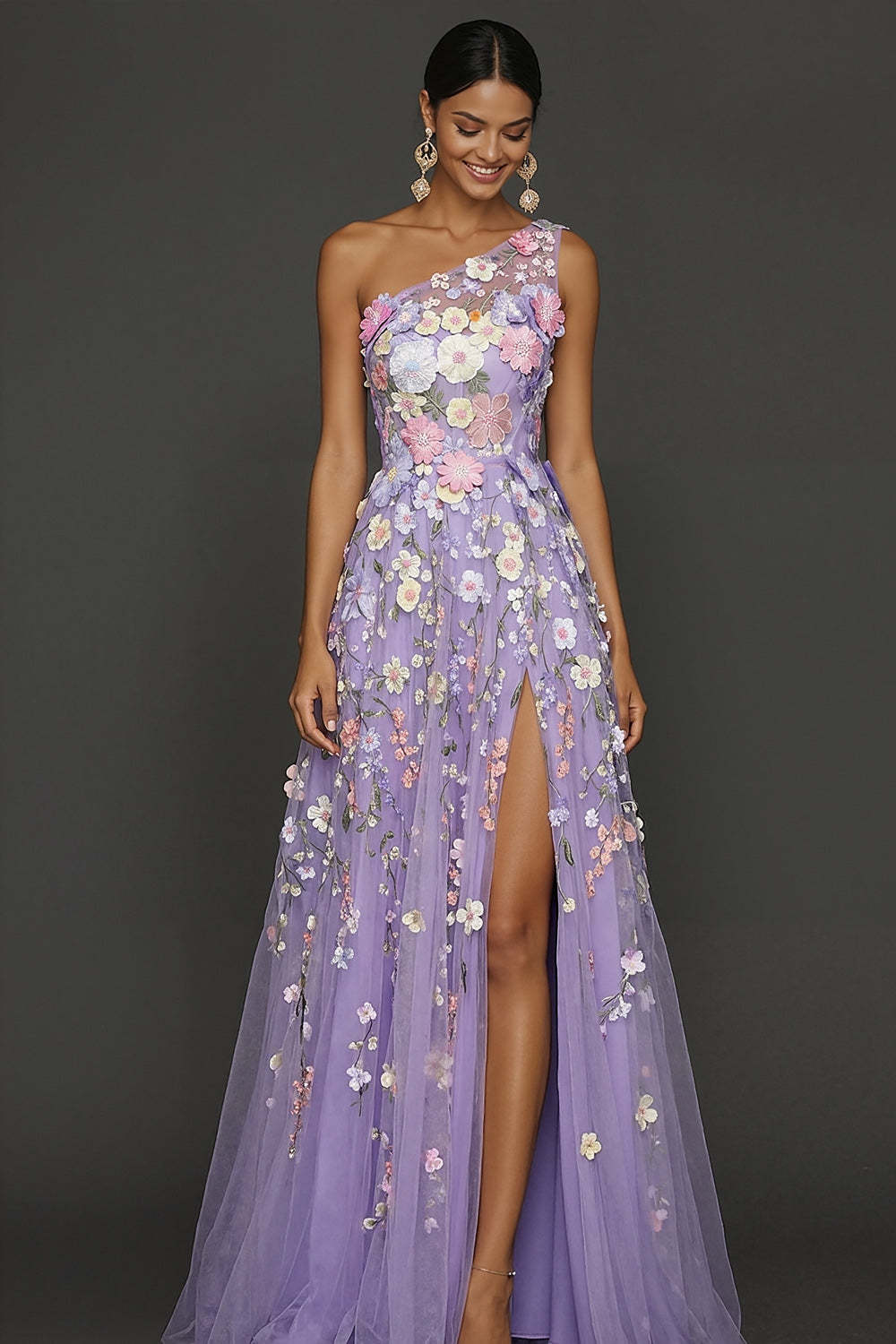 Lilac Floral A Line One Shoulder Appliqued Long Formal Dress with Slit