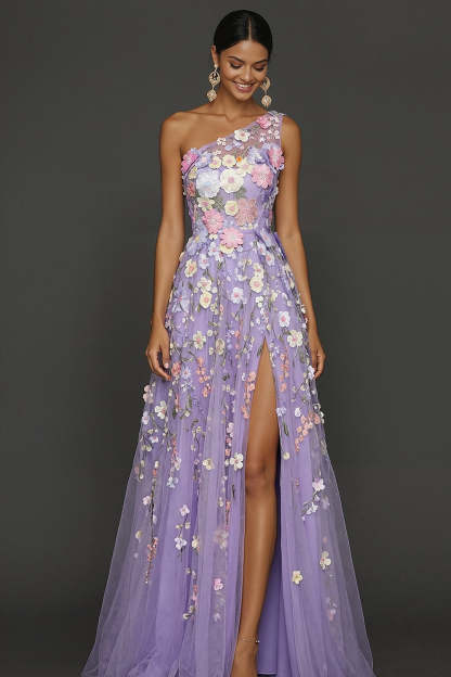 Lilac Floral A Line One Shoulder Appliqued Long Formal Dress with Slit