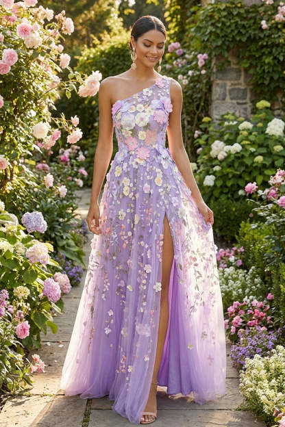 Lilac Floral A Line One Shoulder Appliqued Long Formal Dress with Slit