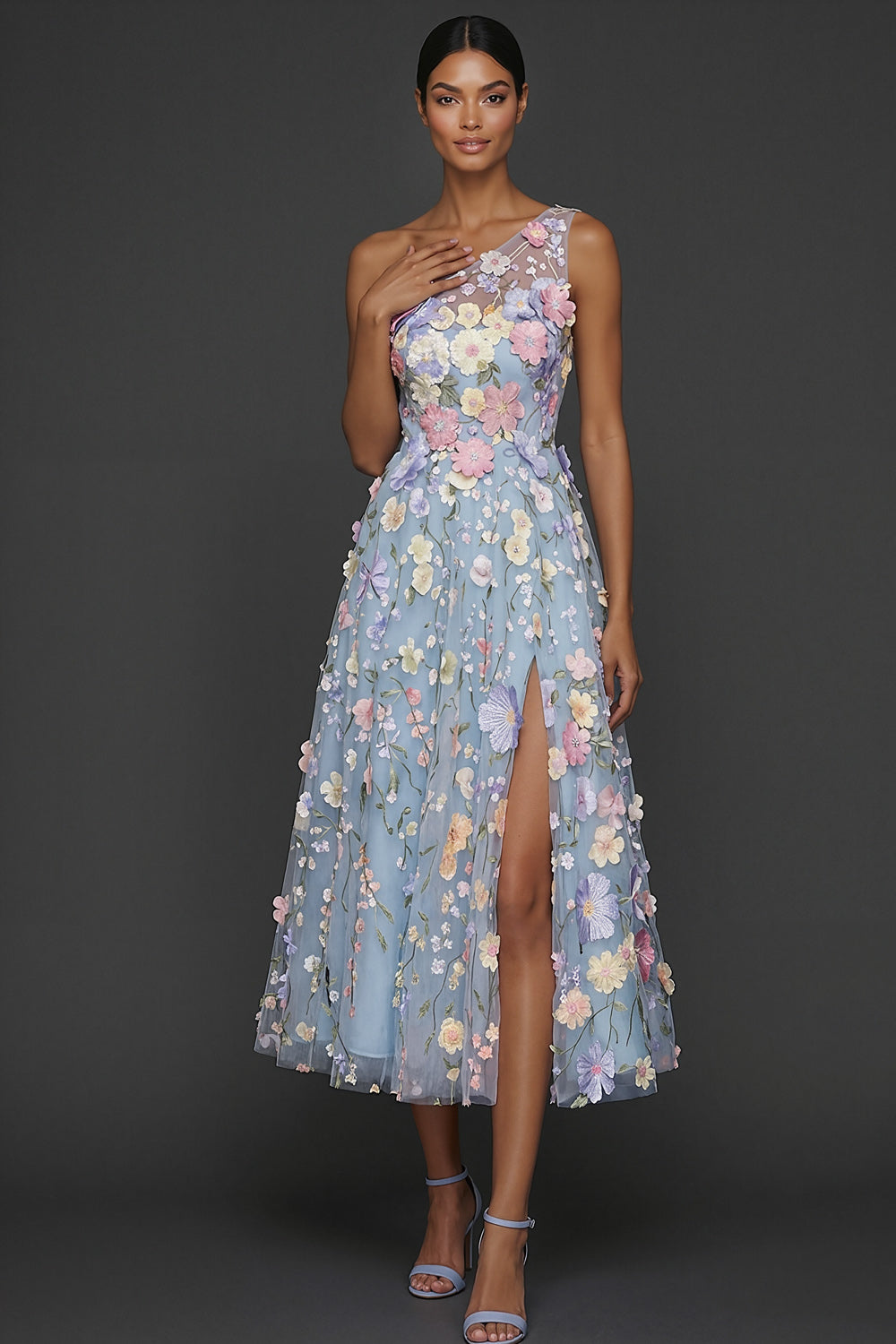 Leely Women Floral Light Blue A Line Midi Formal Dress with Slit One Shoulder Backless Sleeveless Evening Dress